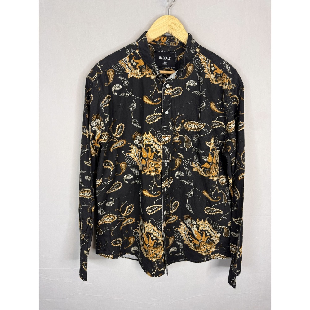 Rascals Copenhagen Mens Summer Shirt Black Gold Paisley Cotton‎ Button Down L